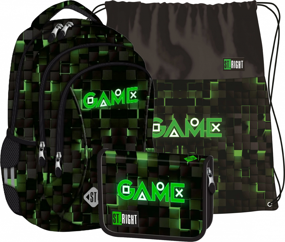 Zestaw: Plecak + piórnik dwuklapkowy + worek na buty St.Right Green Game