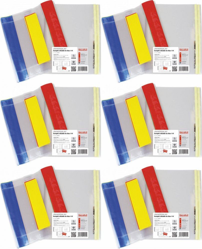 6x Komplet okładek Biurfol, do klas I-III, 10 sztuk, przezroczysty
