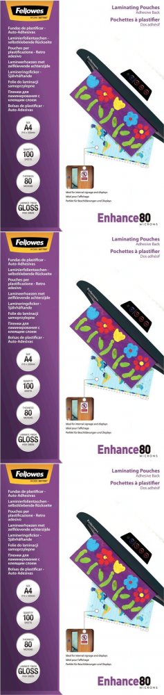 3x Folia do laminowania Fellowes, A4, samoprzylepna, 2x80 μm, 100 sztuk