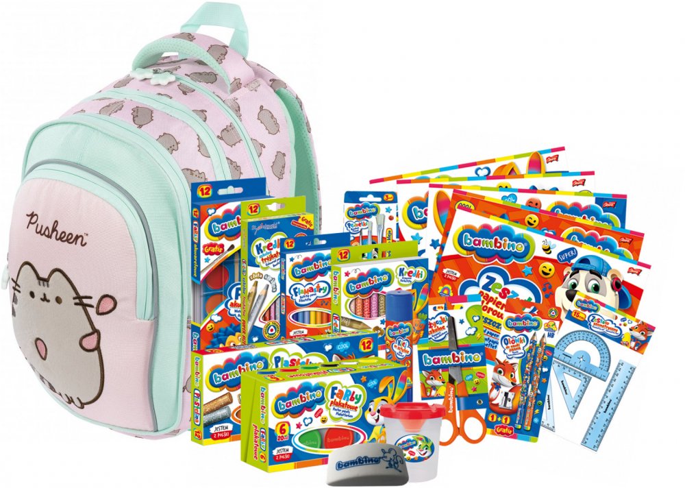 Zestaw: Plecak Pusheen Pink BPL58 + wyprawka szkolna Bambino, 18-elementów