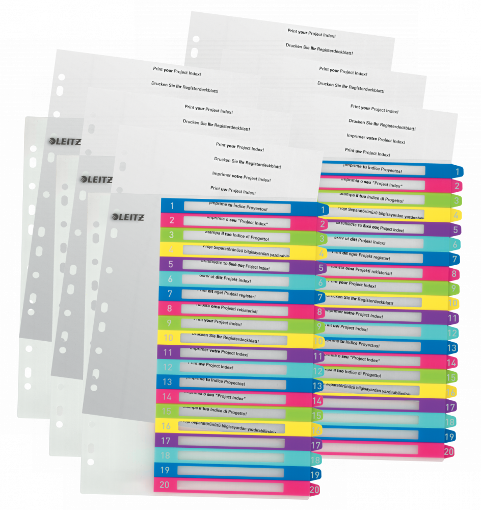 6x Przekładki do segregatora Leitz Wow, plastikowe, numeryczne, do zadruku, A4+, 20 kart, mix kolorów