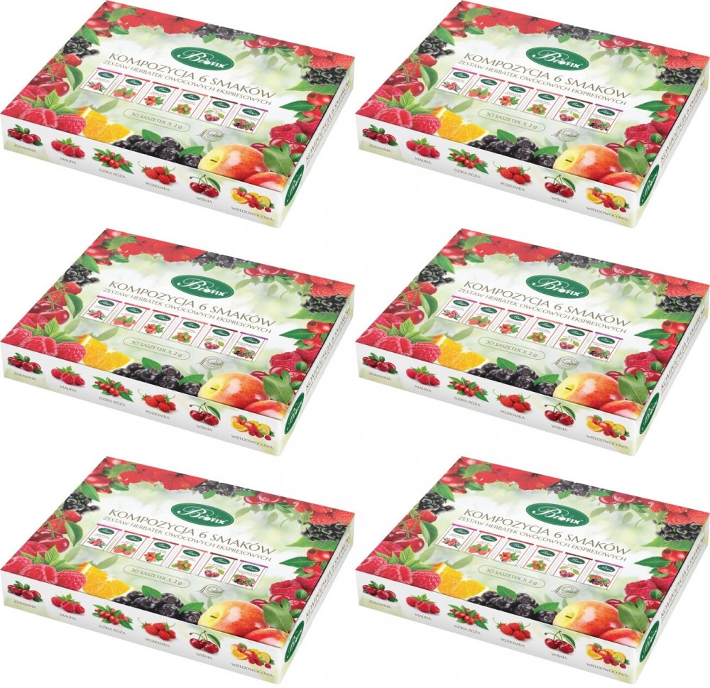 6x Zestaw herbat owocowych w kopertach BiFix Kompozycja 6 smaków, 30 sztuk x 2g