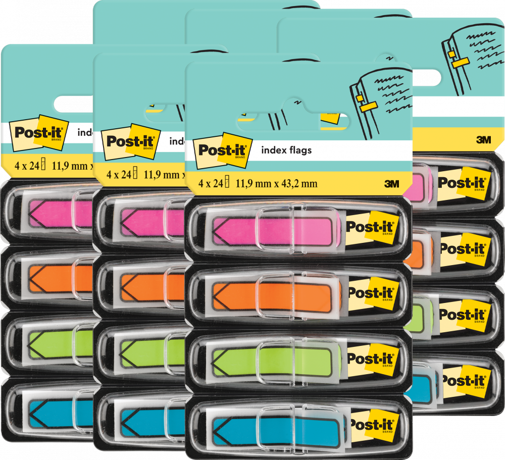 6x Zakładki samoprzylepne Post-it proste, z nadrukiem strzałki, indeksujące, folia, 12x43mm, 4x24 sztuki neonowe