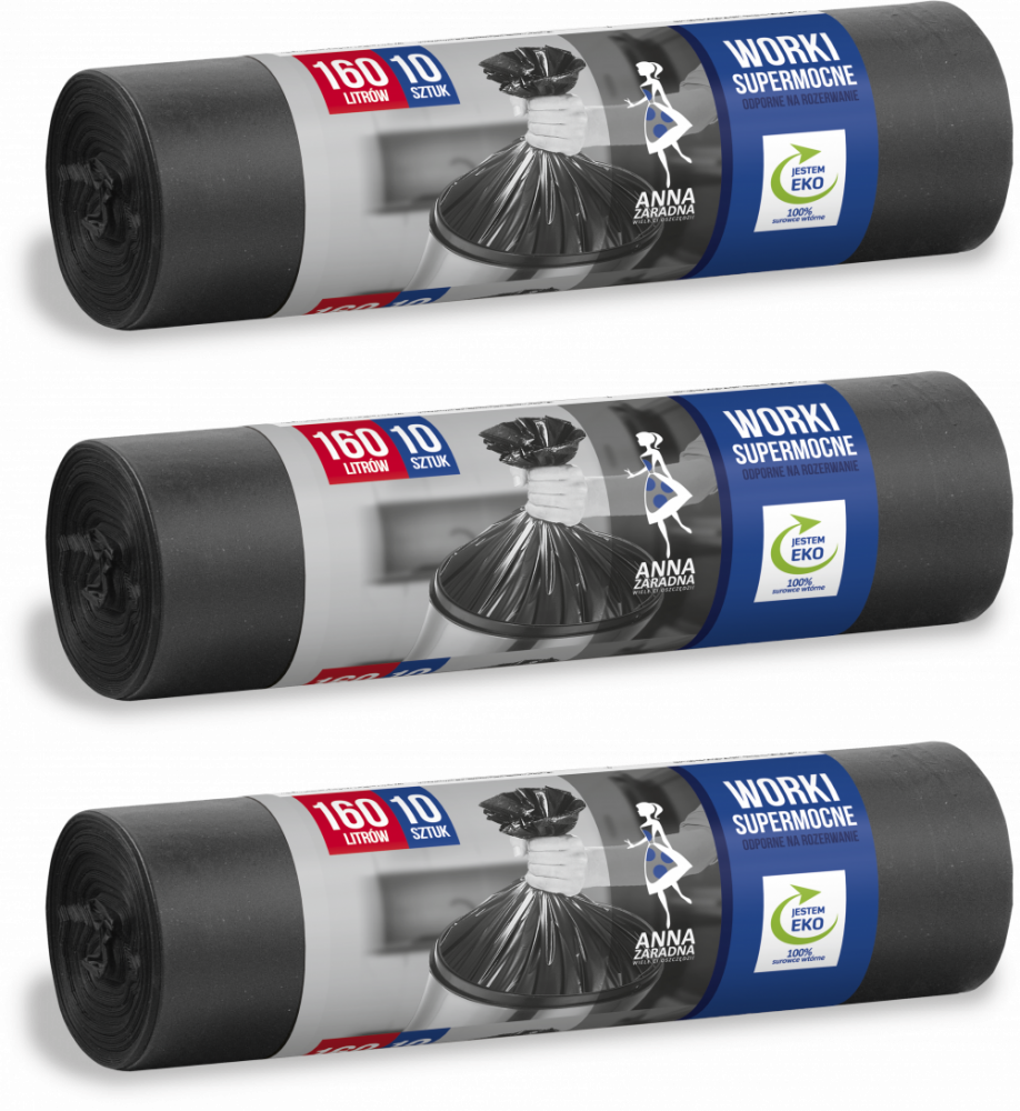 2x Worki na śmieci Anna Zaradna, supermocne, na odpady zmieszane,160l, 10 sztuk, czarny