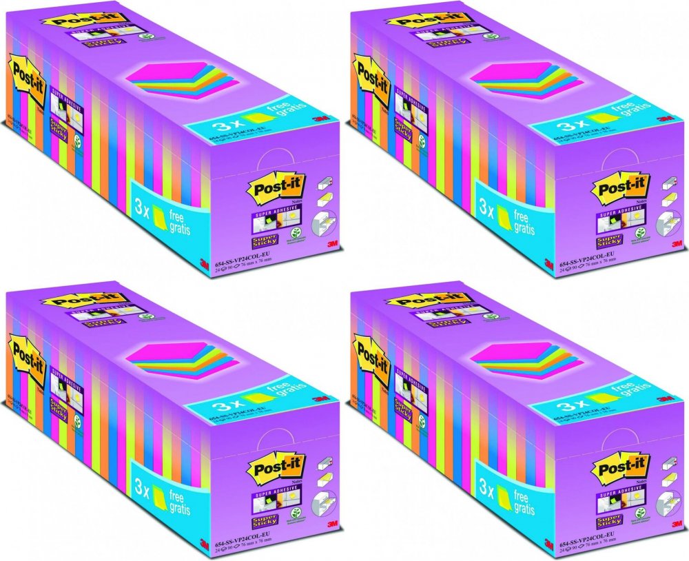 4x Notes samoprzylepny Post-It Super Sticky (654-SS-VP24COL), 76x76mm, 24 (21+3 gratis) x 90 karteczek, mix kolorów