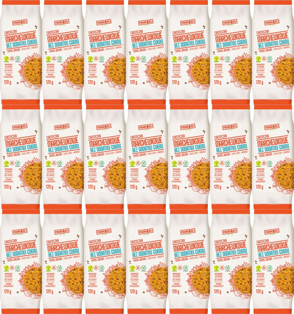 21x Ciasteczka marchewkowe Frank&Oli, płatki jaglane z siemieniem lnianym i kardamonem, bez cukru, 120 g