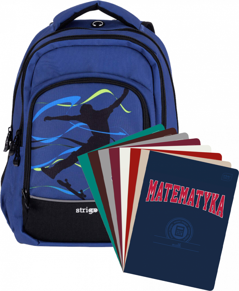 Zestaw: Plecak szkolny Strigo Misty Skate + Zeszyty przedmiotowe Interdruk, A5, 60 kartek, 8 sztuk