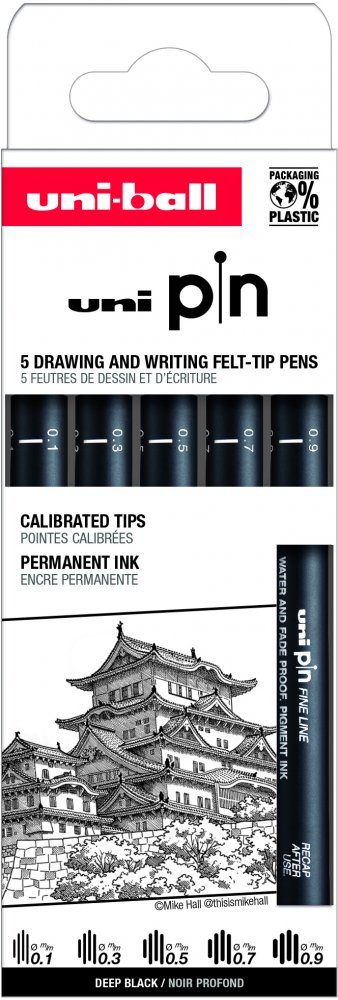 Zestaw cienkopisów kreślarskich Uni PIN-200, 0.1-0.9mm, 5 sztuk, czarny