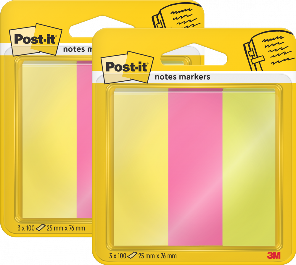 2x Zakładki samoprzylepne Post-It proste, indeksujące, 25x76mm, 3x100 sztuk, mix kolorów neonowych