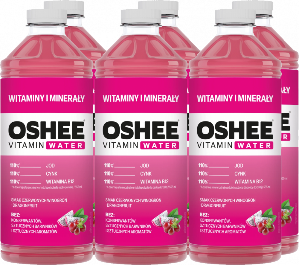 6x Napój niegazowany Oshee Vitamin Water witaminy i minerały, winogrono i dragonfruit, butelka PET, 1.1l