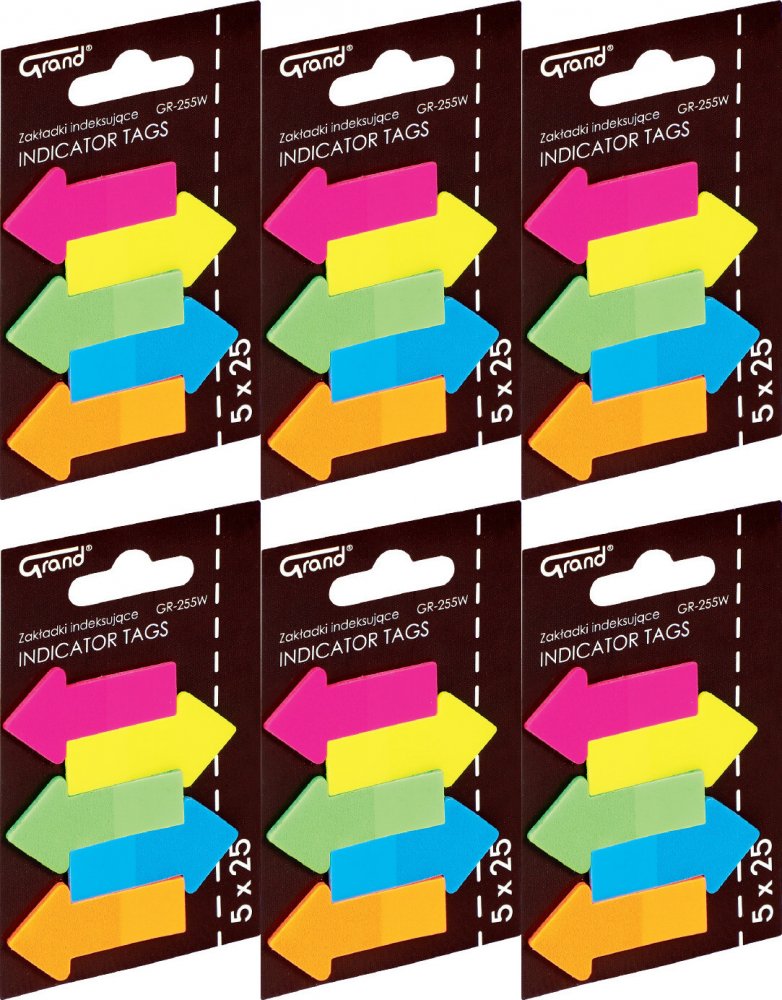 6x Zakładki samoprzylepne Grand GR-255W, strzałki, indeksujące, folia, 45x23mm, 5x25 sztuk, mix kolorów