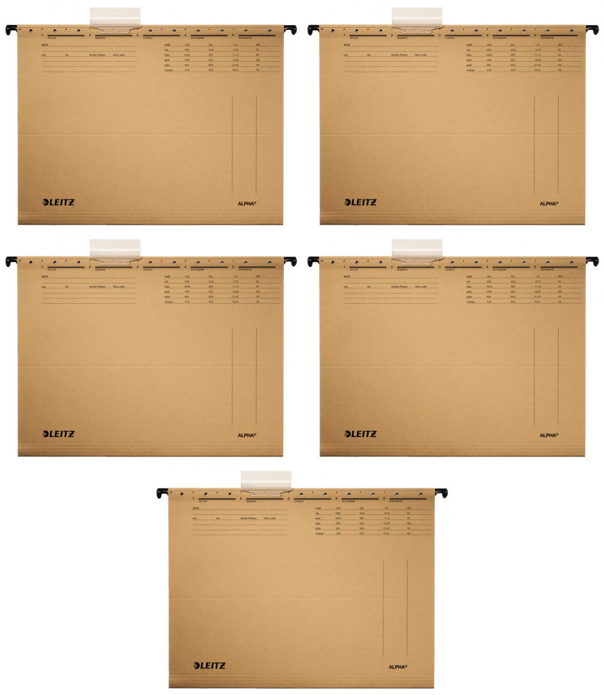 5x Teczka zawieszkowa kartonowa Leitz Alpha, A4, 348x260mm, 230g/m2, brązowy