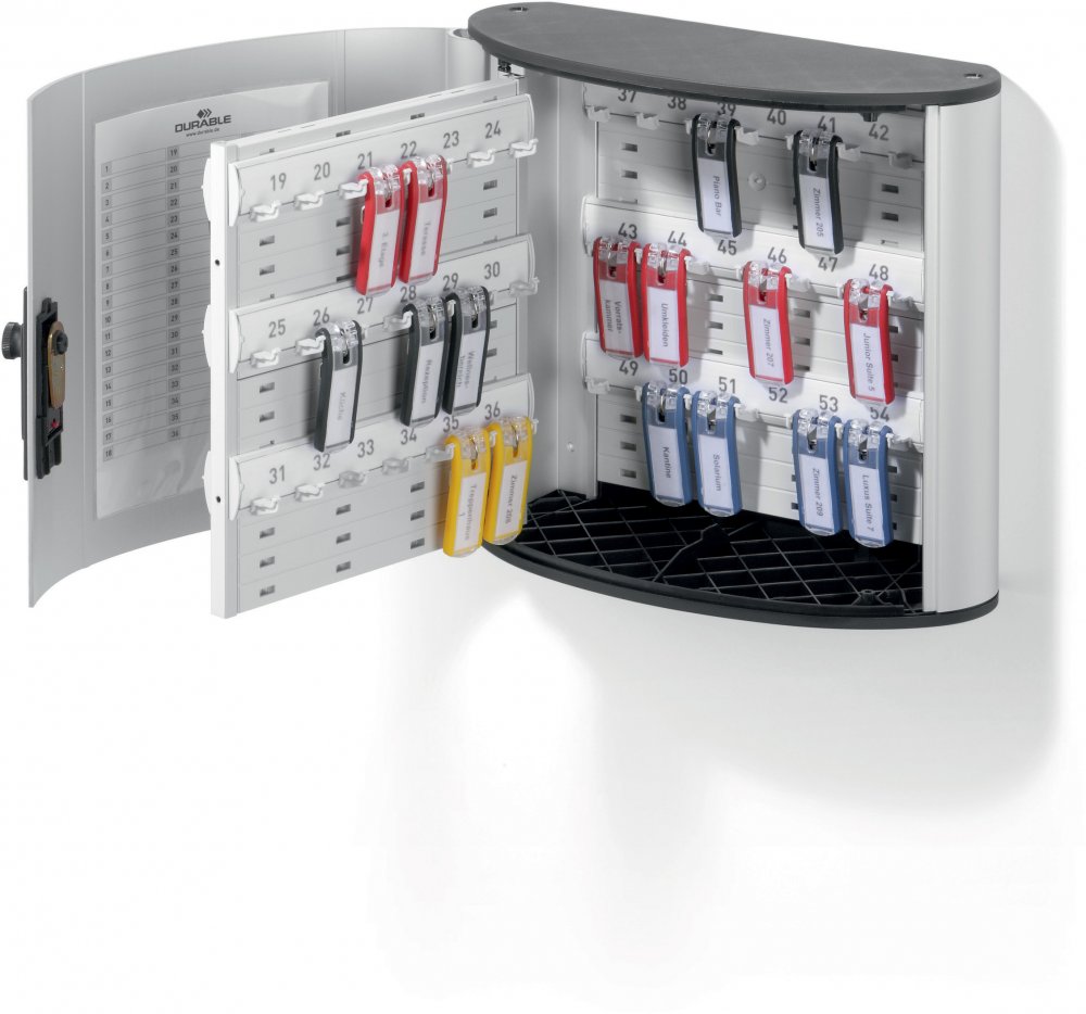 Szafka na klucze Durable Key Box Code, na 54 klucze, z zamkiem szyfrowym i zawieszkami, srebrny