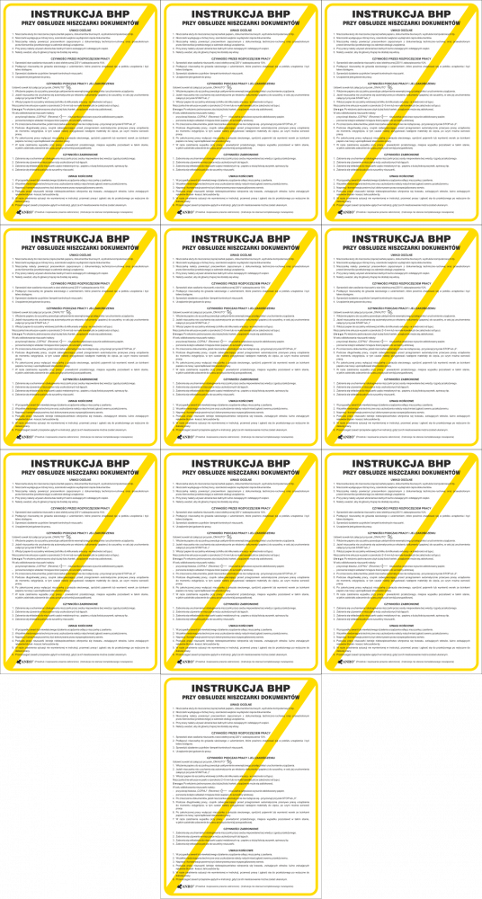10x Instrukcja BHP i PPOŻ Anro, "BHP przy obsłudze niszczarki dokumentów", 25x35cm
