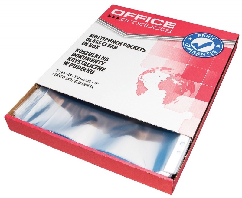 2x koszulki krystaliczne Office Products, w kartoniku, A4, 55μm, 100 sztuk, przezroczysty