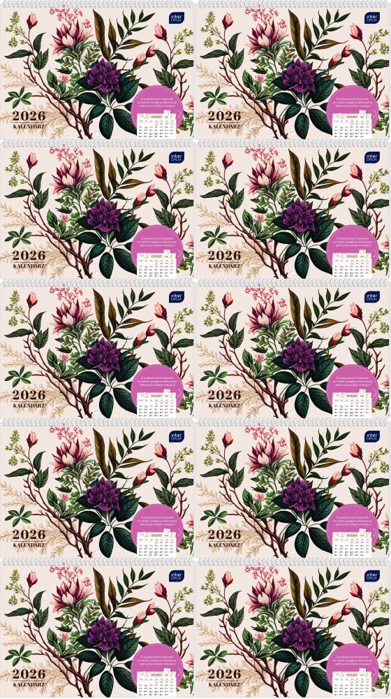 10x Kalendarz ścienny 2026, Interdruk, z kieszonką, 25x17.5cm, miesięczny, Kwiaty