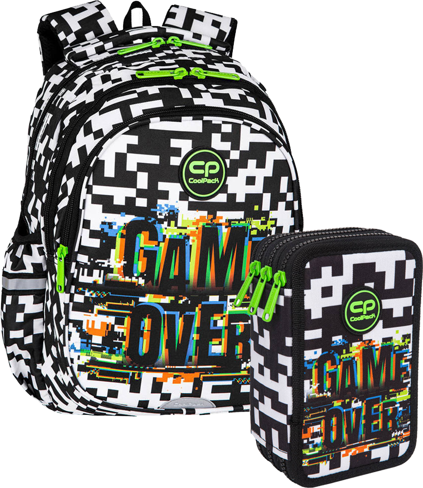 Zestaw: Plecak szkolny CoolPack Jerry Game Over, trzykomorowy + Piórnik z wyposażeniem CoolPack Jumper 3 Game Over