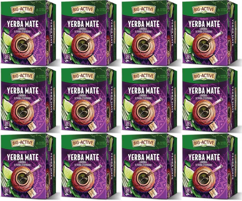 12x Herbata Yerba Mate w kopertach Big Active, ziołowa, limonka i trawa cytrynowa, 20 sztuk x 1.5g