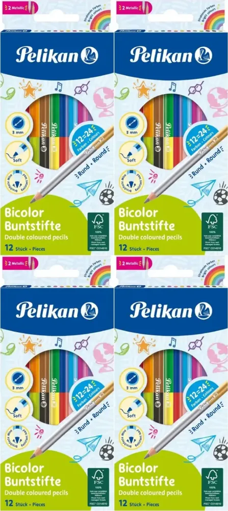 4x Kredki ołówkowe Pelikan, dwustronne, 12 sztuk, 24 kolory