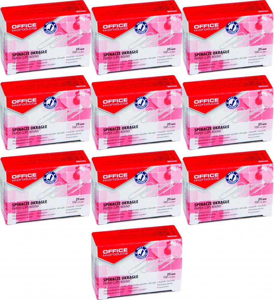 10x Spinacz Office Products okrągły, 25mm, 100 sztuk, srebrny