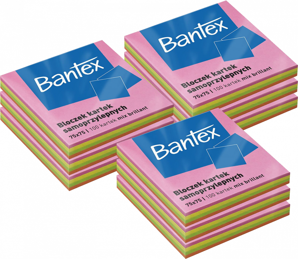 9x Karteczki samoprzylepne Bantex, 75x75mm, 100 karteczek, mix kolorów