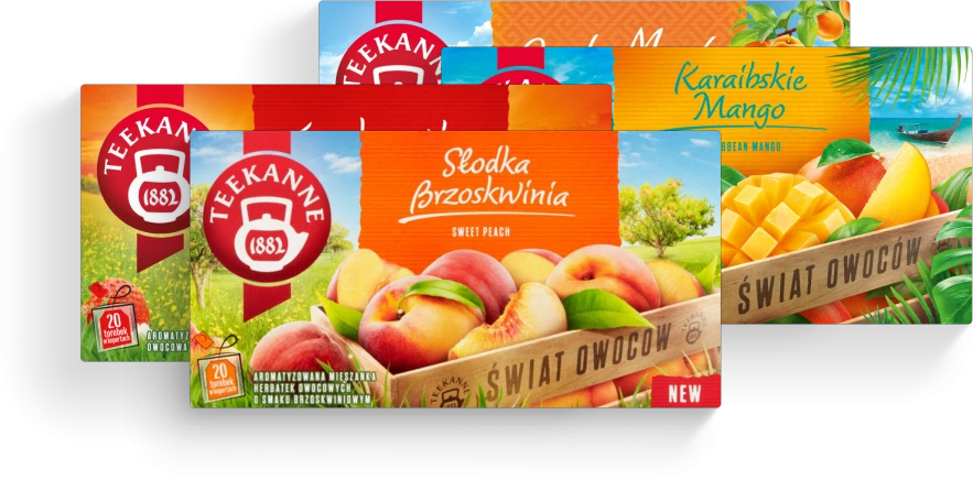 Zestaw herbat owocowych Teekanne: Greek Apricot + Strawberry Sunrise + Słodka brzoskwinia + World of Fruits Caribbean Mango, 80 sztuk