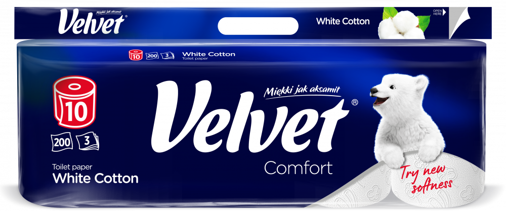 Papier toaletowy Velvet Comfort White Cotton, 3-warstwowy, 10 rolek, 25m, biały