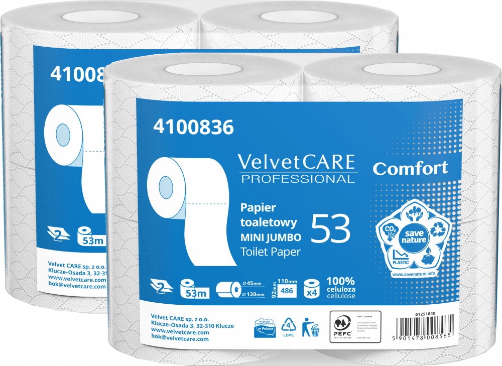 2x Papier toaletowy VelvetCARE Professional Mini Jumbo Comfort, 2-warstwowy, 53m, 4 rolki, biały