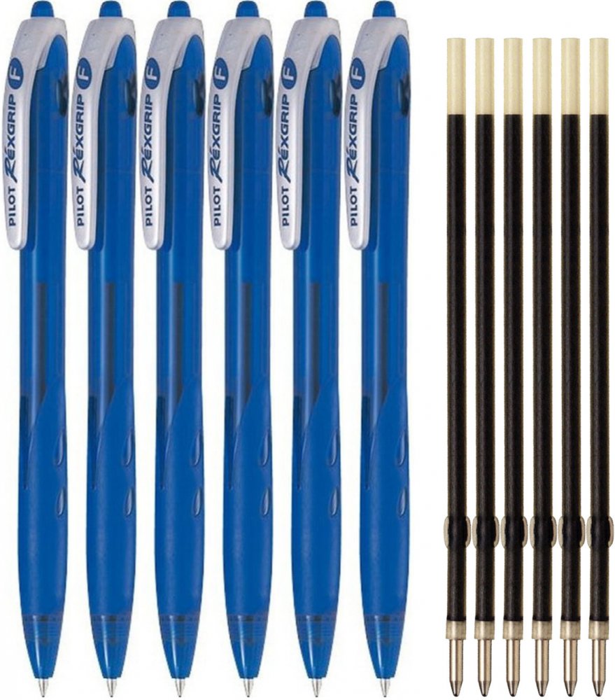 Zestaw: 6x Długopis automatyczny Pilot, Rexgrip F, 0.21mm, niebieski + 6x Wkład RFNS-GG do długopisu Pilot, niebieski