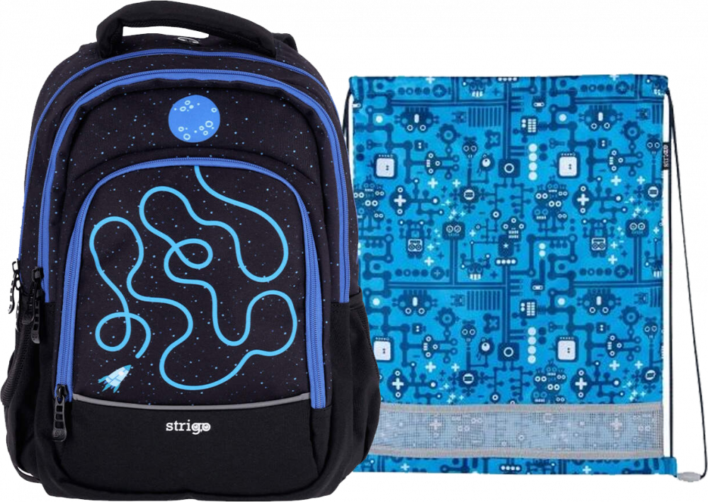 Zestaw: Plecak szkolny Strigo Misty Kosmos, dwukomorowy + Worek na buty Strigo Robot