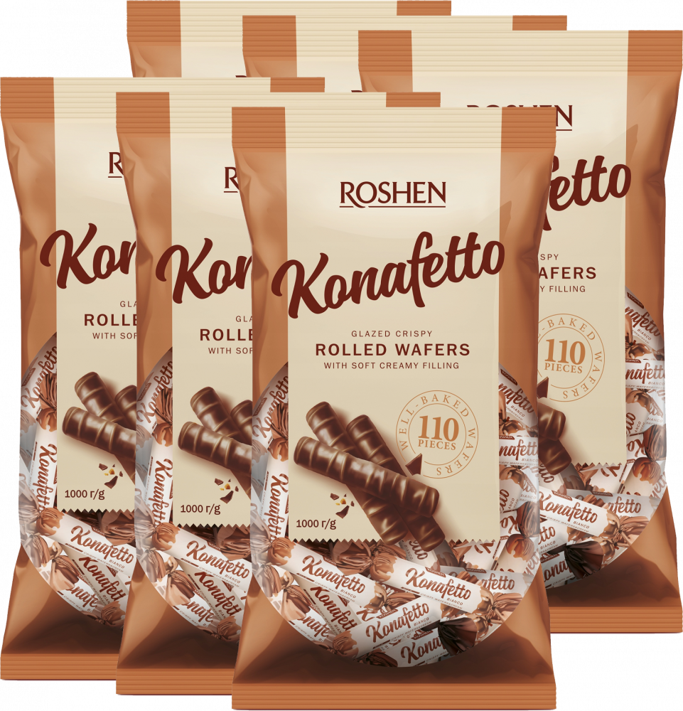 6x Cukierki Roshen Konafetto Bianco, rurki waflowe z mlecznym nadzieniem, w polewie kakaowej, 1kg