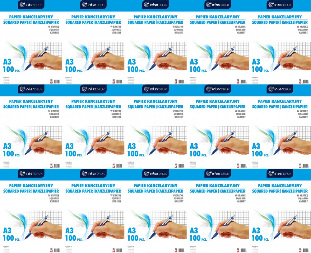 15x Papier kancelaryjny Interdruk, A3, w kratkę, 100 arkuszy