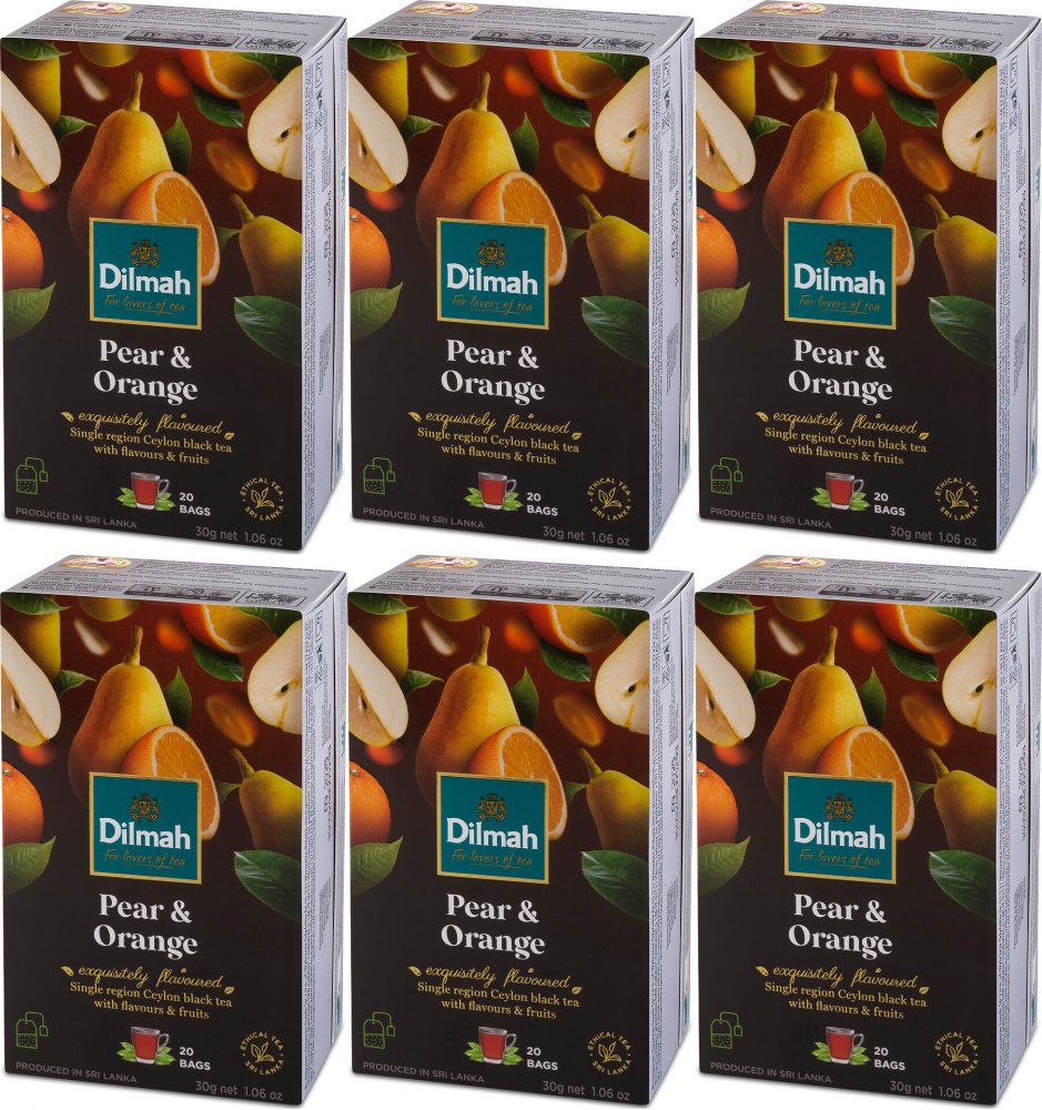 6x Herbata czarna aromatyzowana w torebkach Dilmah, gruszka i pomarańcza, 20 sztuk x 1.5g