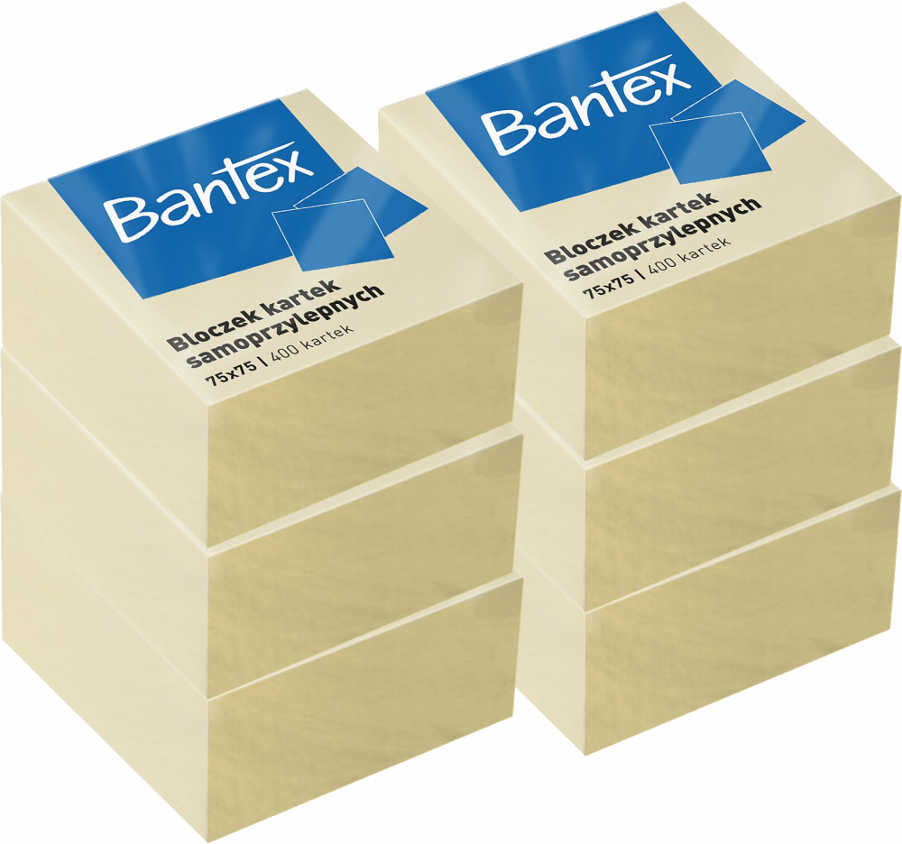 6x Karteczki samoprzylepne Bantex, 75x75mm, 400 karteczek, żółty