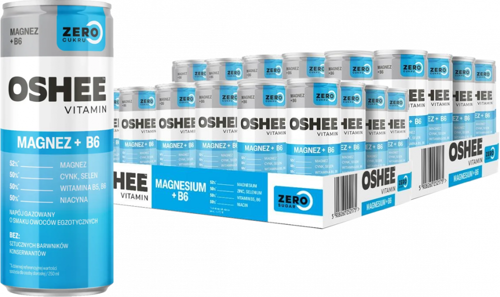 48x Napój gazowany Oshee Vitamin Energy Zero, Magnez + witamina B6, owoce egzotyczne, puszka, 250ml