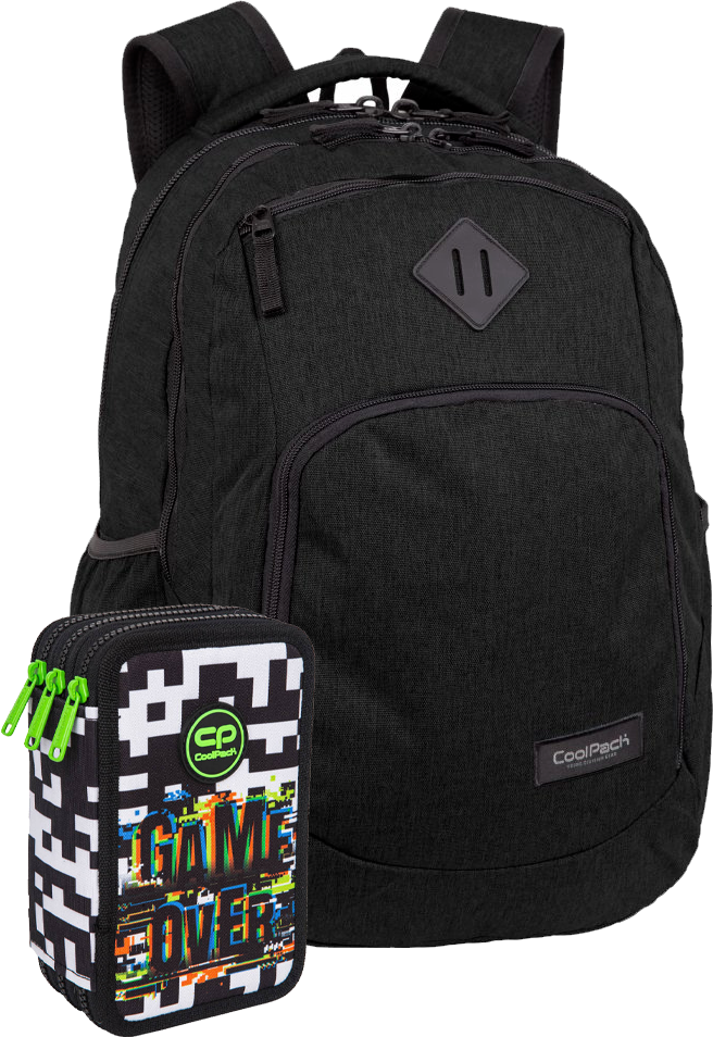 Zestaw: Plecak szkolny CoolPack Break Snow Black + Piórnik 3-komorowy CoolPack Jumper 3, z wyposażeniem, Game Over