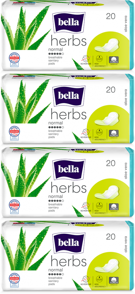4x Podpaski Bella Herbs Aloe Vera, Normal, ze skrzydełkami, 20 sztuk