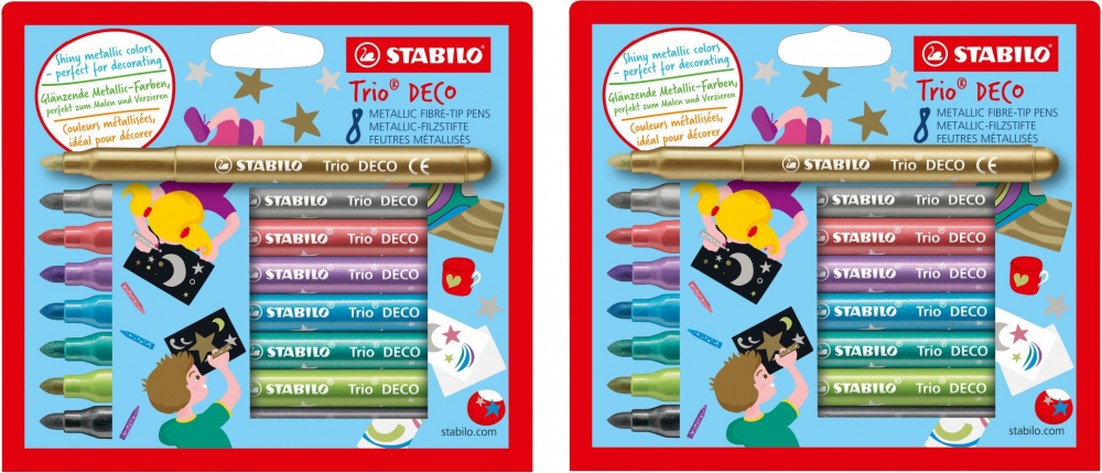 2x flamastry Stabilo Trio Deco, w etui kartonowym, 8 sztuk, mix kolorów
