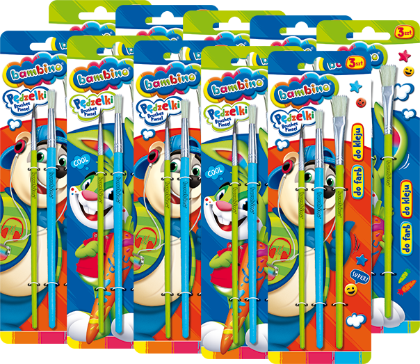 10x Zestaw pędzli Bambino Zwierzaki Uczniaki, do farb i kleju, 3 sztuki, rozmiar 4/8/16