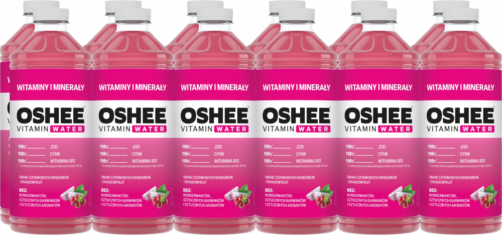 12x Napój niegazowany Oshee Vitamin Water witaminy i minerały, winogrono i dragonfruit, butelka PET, 0.555l