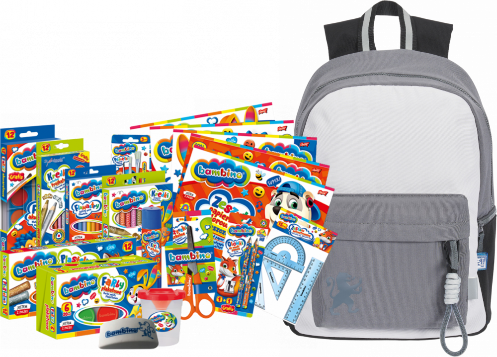 Zestaw: Plecak szkolny Oxford Funky, czarno-szary + Wyprawka szkolna Bambino, 18-elementów