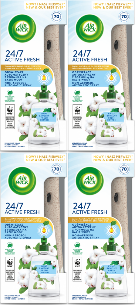 4x Odświeżacz powietrza Air Wick wkład + urządzenie, Active Fresh, kwiat bawełny/fresh cotton, 228ml