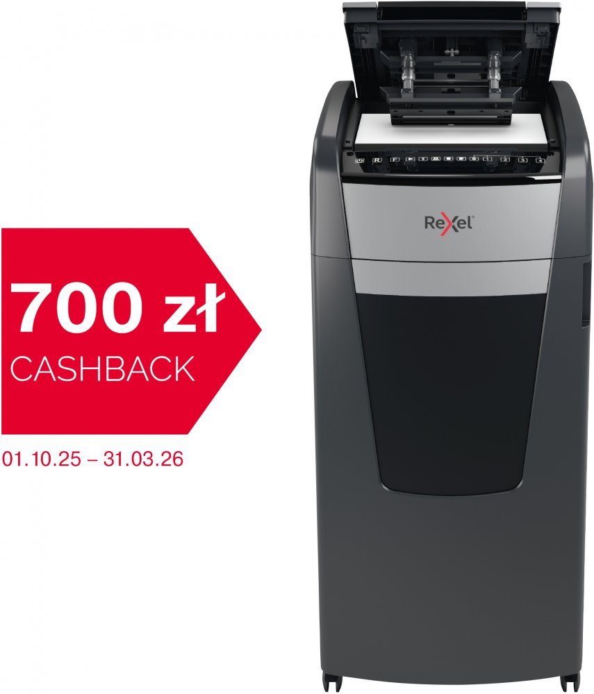 Niszczarka automatyczna Rexel Optimum AutoFeed+ 750X, konfetti 4x30mm, 750 kartek, P-4 DIN, czarny