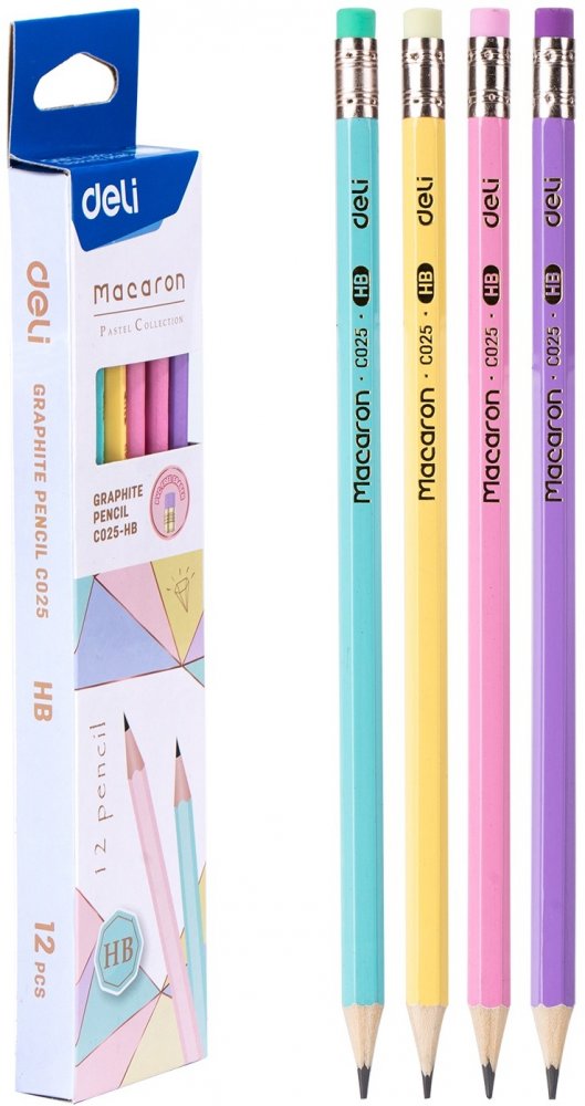 Ołówek Deli Macaron, HB, z gumką, 12 sztuk, mix kolorów pastelowych