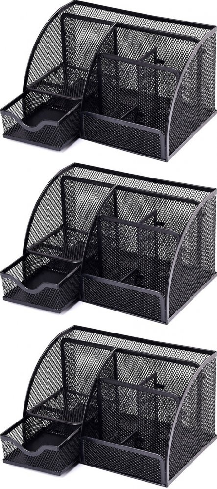 3x Przybornik na biurko Office Set, 7 przegród, 220x140x130mm, czarny