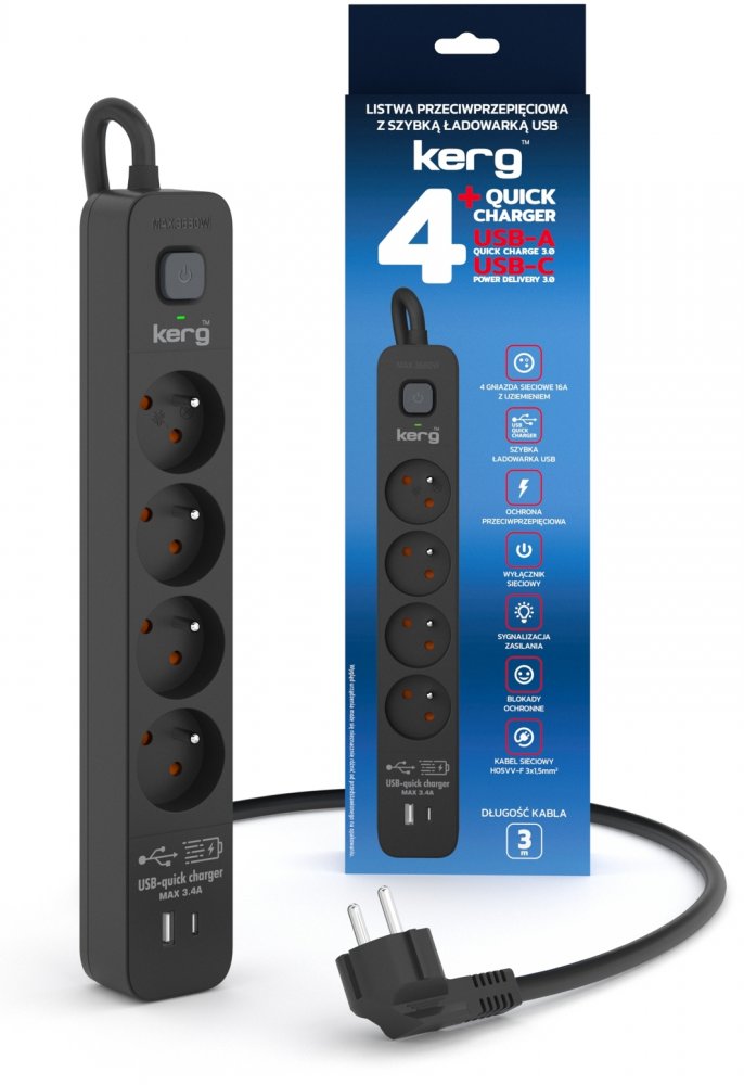 Listwa przeciwprzepięciowa Kerg, 3m, 4 gniazda + szybka ładowarka 1xUSB-A/1x USB-C, czarny