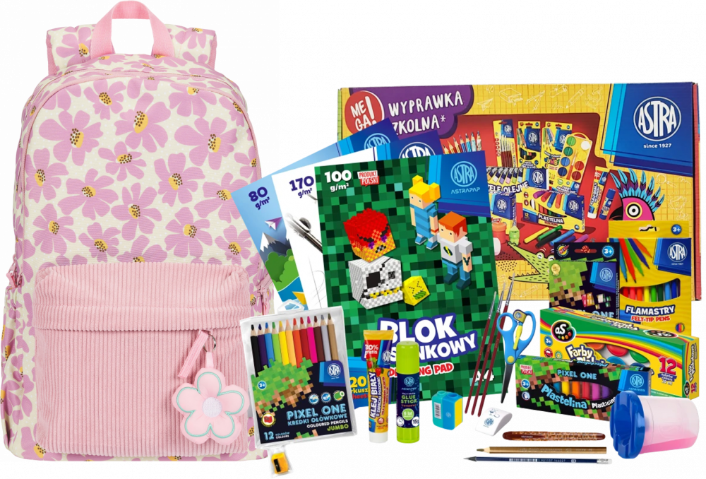 Zestaw: Plecak szkolny Oxford Bloom, jasnoróżowy + Wyprawka szkolna dla klas 1-3 Astra Pixel One (L), 21 elementów