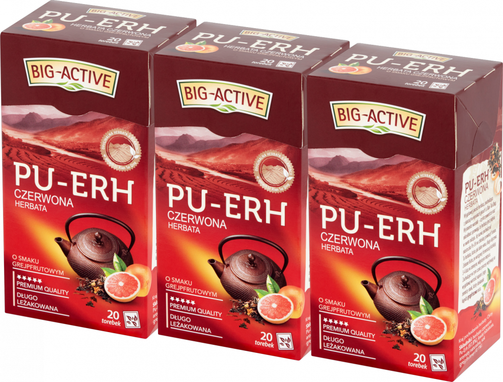 3x Herbata czerwona w torebkach Big-Active Pu-erh & Grejpfrut, 20 sztuk x 1.8g