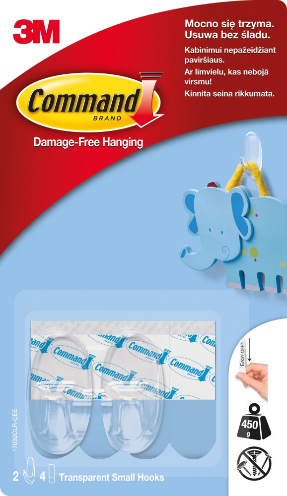 Hak wielokrotnego użytku Command, 2 sztuki + 4 paski, transparentny