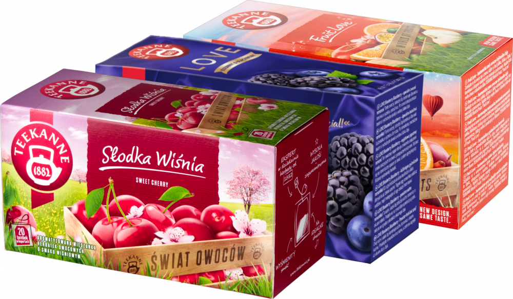 Zestaw herbat owocowych Teekanne: Love Blueberry & Blackberry, 20 sztuk + World of Fruits Sweet Cherry, 20 sztuk + Fruit Love, 20 sztuk